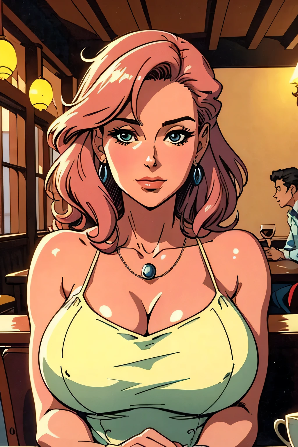 1980s anime mature woman, large breasted, (nsfw:0.8), neckleace, detailedeyes & face, nice dress, \[romantic cafe scene, Lasts Vintage, across a candlelit table, warm and affectionate expression, mature character design, natural hair colors, soft pastel color palette, slice of life atmosphere, cozy background with bookshelves, and smooth jazz music playing, mature romance theme, Intricate details in the café environment and characters&#39; expressions\], milf, (breasts resting on the table:1.4)