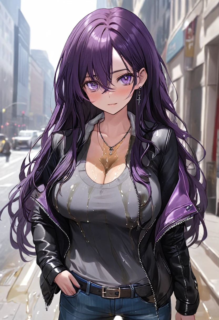 (masterpiece:1.37), best quality, (extremely detailed:1.37), woman, (very long hair:1.5), dark purple hair, purple eyes, (extremely detailed eyes:1.37), (wetting self:1.75), large breasts, stylish jacket, multicolored jackt, jeans, cleavage, navel, city, high-tech, street