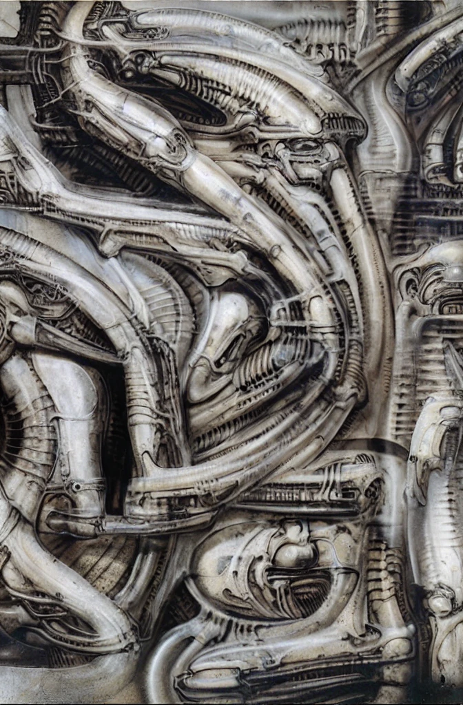 g1g3r, The image is a detailed view of H.R. Giger's \" Biomechanical Landscape No 312 \" plate, featuring a complex network of bones and organs in a purple-brown hue ,swirling gray and brown colors. The image is a 3D rendering of a complex, intricate machine with numerous interconnected tubes and pipes, giving the impression of a highly advanced, futuristic technology.The artwork is silver and purplish brown, with an ivory bones prominently displayed. The image is highly detailed and intricate, almost like a 3d version of a medical diagram (detailed view of an anatomy model, possibly of a human body, with transparent organs and bones exposed). The piece has a thick mechano-organic texture and is covered in fine details. The image has a swirling, organic quality to it. The artistic manner would be unmistakably Gigeresque. A dark and unsettling beauty would permeate the piece, blurring the lines between fascination and repulsion , forever haunted by the grotesque allure. Giger's signature artistic manner would be evident in every stroke. The airbrush would be wielded with masterful precision to create a hyperrealistic yet nightmarish aesthetic.
 The texture of ivory with signs of burning and fossilization can be seen in the mix of smooth and rough brushstrokes. By Peter mohrbacher, ooze soaked pajama top
