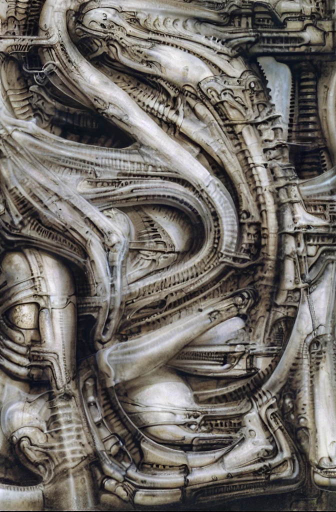 g1g3r, The image is a detailed view of H.R. Giger's \" Biomechanical Landscape No 312 \" plate, featuring a complex network of bones and organs in a purple-brown hue ,swirling gray and brown colors. The image is a 3D rendering of a complex, intricate machine with numerous interconnected tubes and pipes, giving the impression of a highly advanced, futuristic technology.The artwork is silver and purplish brown, with an ivory bones prominently displayed. The image is highly detailed and intricate, almost like a 3d version of a medical diagram (detailed view of an anatomy model, possibly of a human body, with transparent organs and bones exposed). The piece has a thick mechano-organic texture and is covered in fine details. The image has a swirling, organic quality to it. The artistic manner would be unmistakably Gigeresque. A dark and unsettling beauty would permeate the piece, blurring the lines between fascination and repulsion , forever haunted by the grotesque allure. Giger's signature artistic manner would be evident in every stroke. The airbrush would be wielded with masterful precision to create a hyperrealistic yet nightmarish aesthetic.
 The texture of ivory with signs of burning and fossilization can be seen in the mix of smooth and rough brushstrokes. By Peter mohrbacher, ooze soaked pajama top
