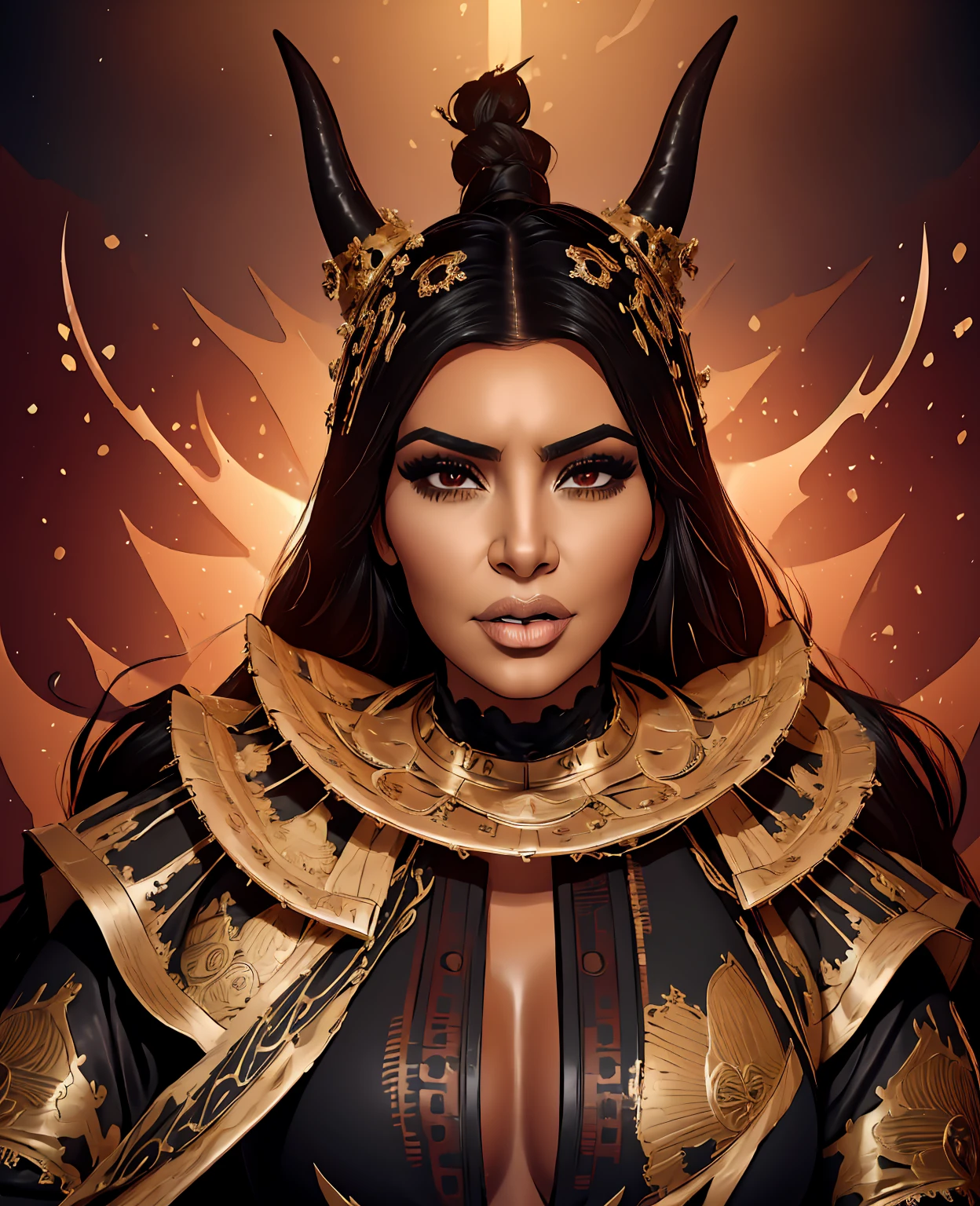 a beautiful detailed portrait of kim kardashian as a fierce oni demon, hyperrealistic, extremely detailed facial features, sharp intense eyes, glowing skin, flowing dark hair, ornate horns, detailed ornate oni mask, dramatic lighting, dark moody colors, cinematic dramatic composition, intricate detailed texture, high quality 8k