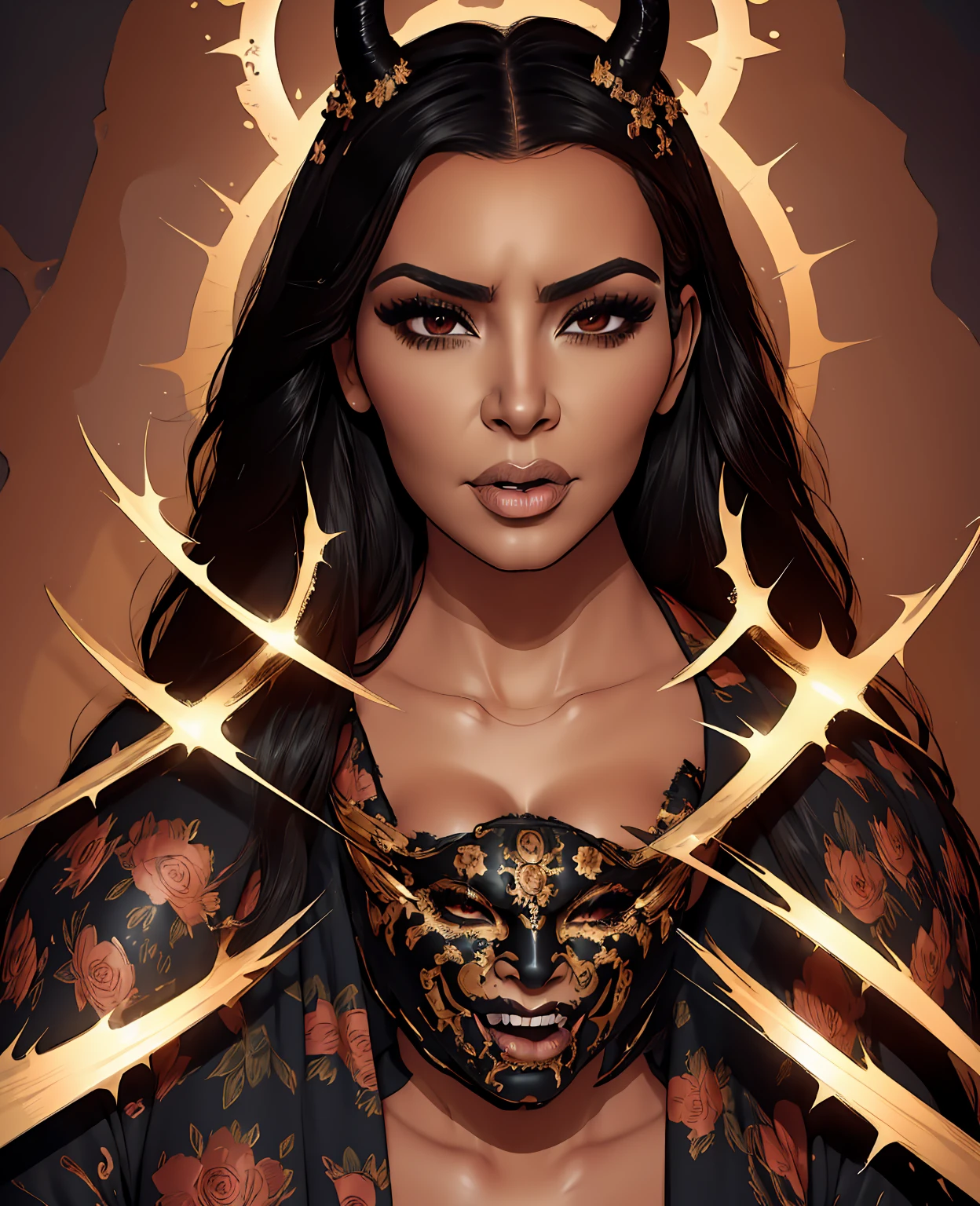 a beautiful detailed portrait of kim kardashian as a fierce oni demon, hyperrealistic, extremely detailed facial features, sharp intense eyes, glowing skin, flowing dark hair, ornate horns, detailed ornate oni mask, dramatic lighting, dark moody colors, cinematic dramatic composition, intricate detailed texture, high quality 8k