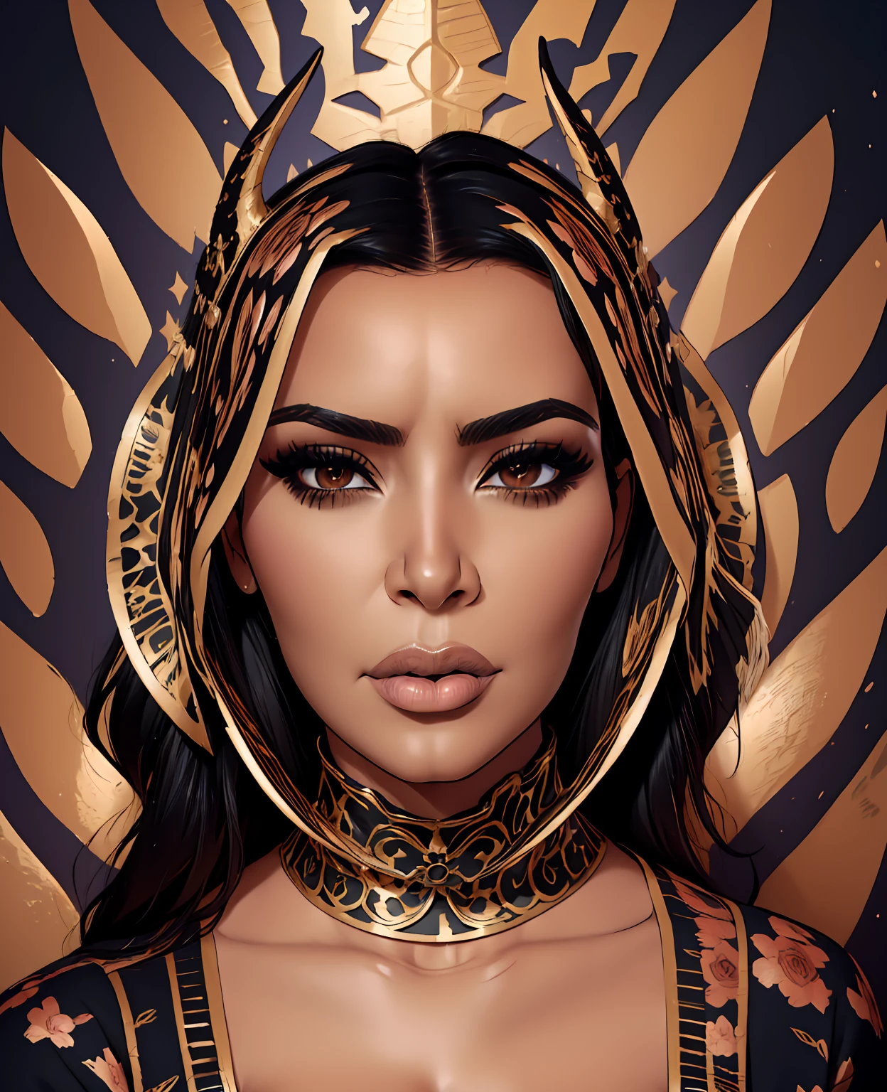 a beautiful detailed portrait of kim kardashian as a fierce oni demon, hyperrealistic, extremely detailed facial features, sharp intense eyes, glowing skin, flowing dark hair, ornate horns, detailed ornate oni mask, dramatic lighting, dark moody colors, cinematic dramatic composition, intricate detailed texture, high quality 8k