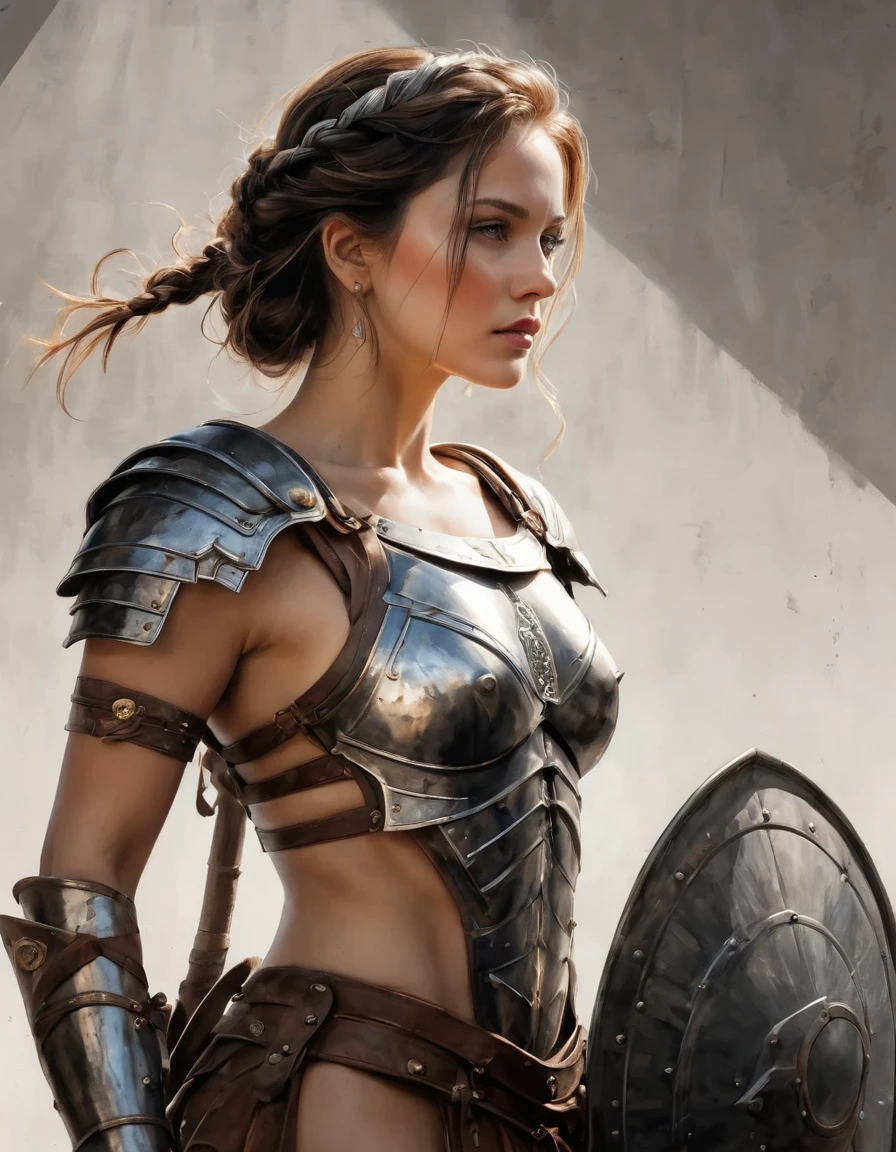 smooth lines, Express expressions and postures through ink contrast, The background is simple. emphasize light, shadow and space. ((full body):1.3), Drawing of Mature beauty. ((Detailed eye):1.3),((fresh)), wearing gladiator armor, painting, (best quality,4K,8k,high resolution,masterpiece:1.2),Super detailed,(actual,photoactual,photo-actual:1.37).