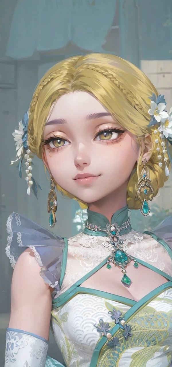 1 female, wearing a dress, light purple hair, Thicc, light purple hair, long hair, light yellow eyes, face to detail, detailed eyes, the background is beautiful, 