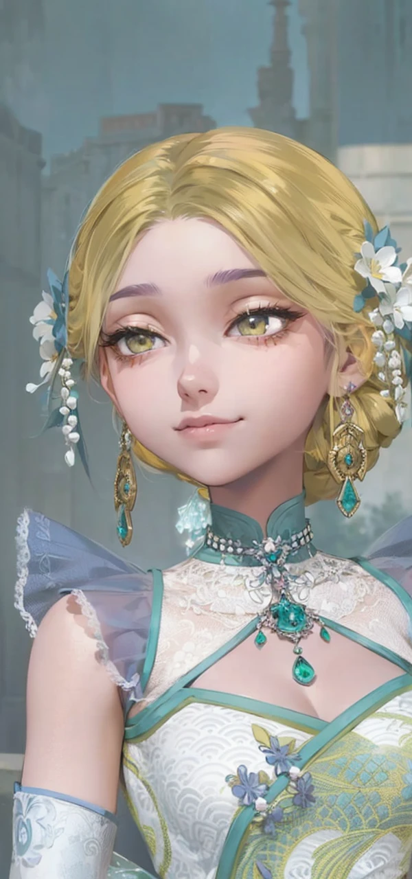 1 female, wearing a dress, light purple hair, Thicc, light purple hair, long hair, light yellow eyes, face to detail, detailed eyes, the background is beautiful,