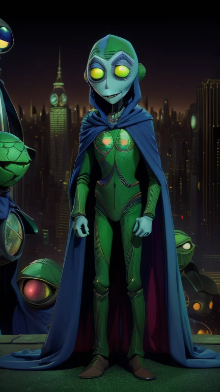 best quality,masterpiece,1boy,solo,(((13years old))),green alien boy,an extremely cute and handsome boy,highly detailed beautiful face and eyes,petit,cute face,lovely face,baby face,green skin,shy smile,show teeth, no hair,bald,flat chest,skinny,slender,(((wearing a Martian manhunter costume,blue cape))),(((standing in Dark Midnight Tim Burton Animation style metropolis city))),he is looking at the viewer,