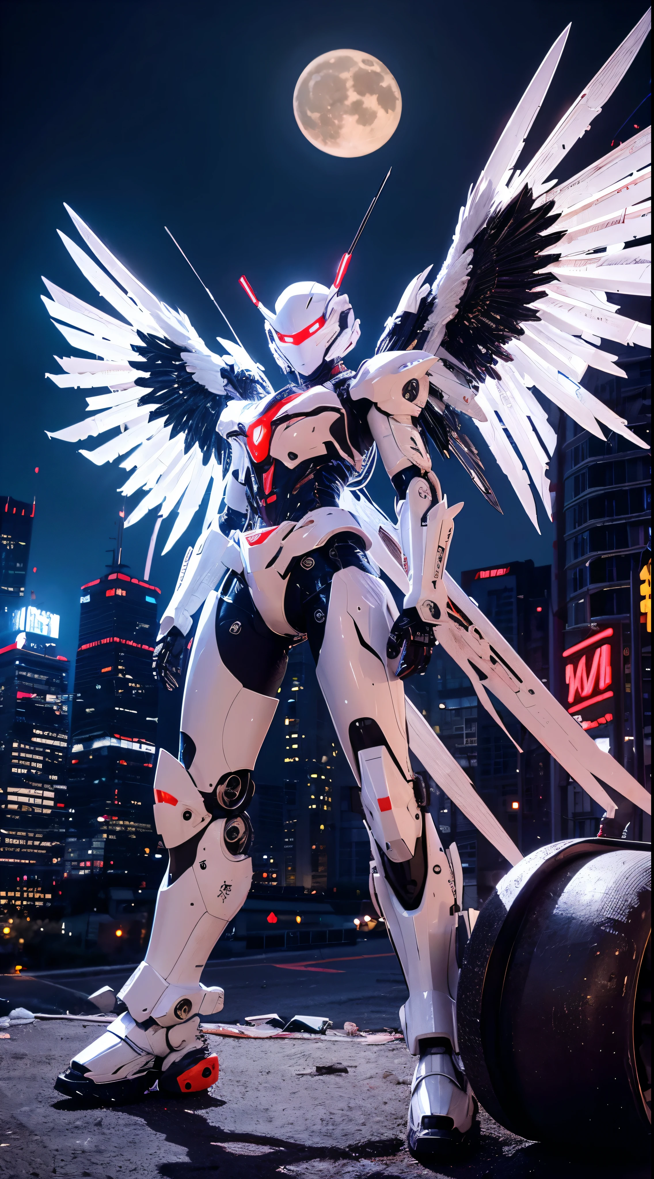  White Phoenix Mech, Chicken head, Mecha Wings, cyber punk, Highest quality, masterpiece, unmanned, whole body, mechanical surprise, strong, moon, City in Ruins, Highest qualityのデジタルアート, Stunning Art, wallpaper 4k, Very detailed, military用ロボット, military, war zone, moving lighting, movie, narrative poem, Damaged machine parts