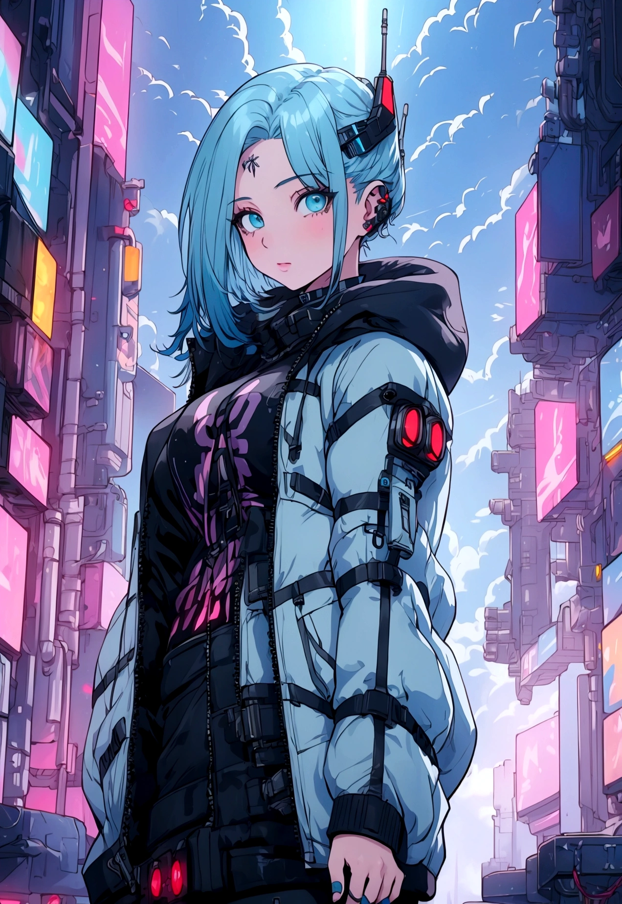 (masterpiece, best quality:1.2), 1girl, solo, Kaslin, cyberpunk girl, light blue hair, tactics equipment