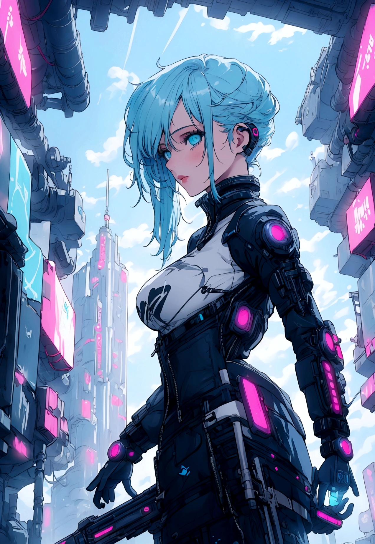 (masterpiece, best quality:1.2), 1girl, solo, Kaslin, cyberpunk girl, light blue hair, tactics equipment