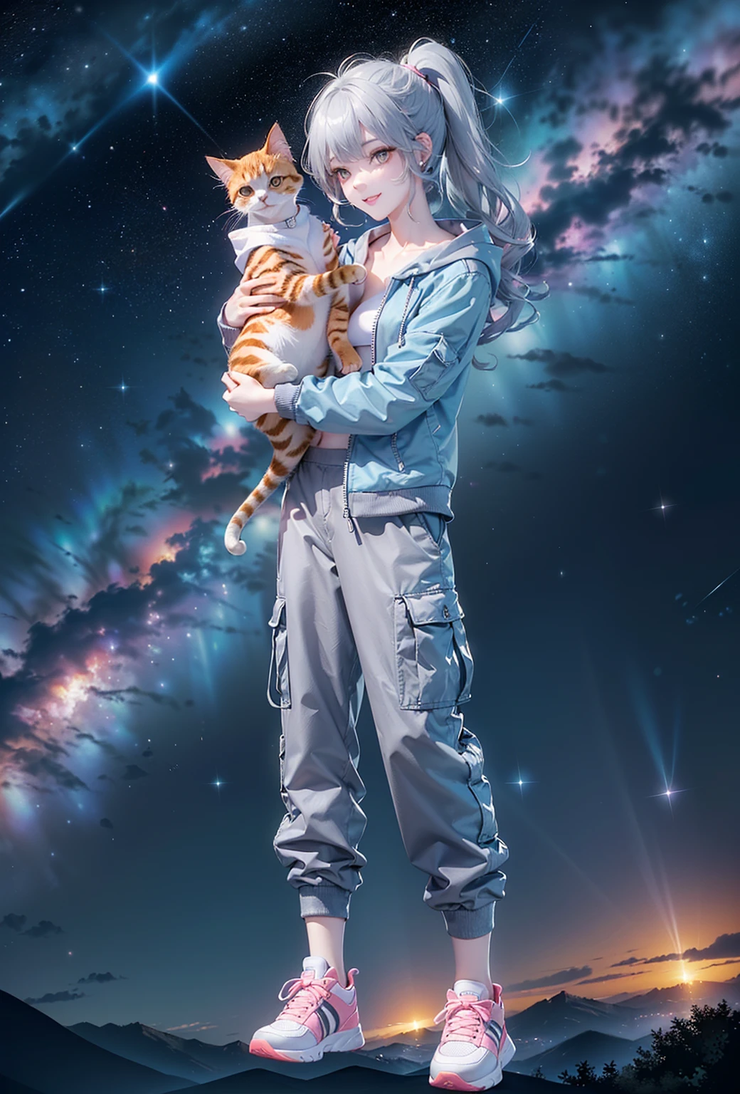 (((Holding a cute orange short-legged cat in both hands,Correct anatomy))),((Highest quality,masterpiece,Full frontal view of a super mature and tall beauty,Air bangs,Blue gray high ponytail super long straight hair,Slightly curly hair on double sideburns,Hair ends curled in,Gray and pink short T-shirt,Light blue denim gray hooded jacket,Black and gray long and wide cargo pants,Pink and white sneakers,Expose clavicle shoulder)),((Mature and sexy,Smile slightly,Look at the camera head-on)),starry sky galaxy background