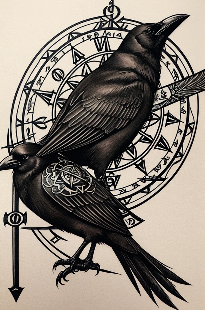 thigh tattoo design It is a picture of a crow with the number 27 and a Viking compass.