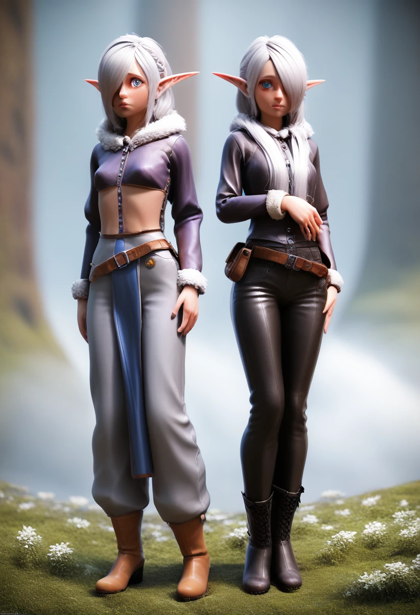 ((Best Quality)), (Masterpiece)), (Details: 1.4), Absurd Resolution, High Resolution, (Masterpiece: 1.4), Ultra Detailed, detailed gnome girl with pale skin, short stature, and very long silver hair that curls at the ends, covering one eye, with small breasts, pouty lips, and bright blue anime-style eyes with long lashes, wearing a corset, white puffy long sleeved shirt, and puffy cloth pants, leather bound boots, set in a windy fantasy landscape, (best quality,4k,8k,highres,masterpiece:1.2),ultra-detailed, dungeons and dragons, long elf ears, small girl, detailed skin and cloth textures, cute detailed face, intricate details, extremely detailed, 1girl, dynamic pose with hair covering one eye, shy personality, puffy cloth pants with leather belt, detailed privateer outfit, detailed buccaneer outfit, pouch on belt, wearing ornate leather armor with fur trim, silver inlay detail, wearing fur trimmed boots, wearing fur trimmed gloves