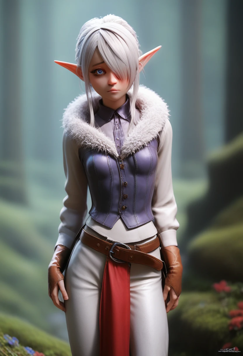 ((Best Quality)), (Masterpiece)), (Details: 1.4), Absurd Resolution, High Resolution, (Masterpiece: 1.4), Ultra Detailed, detailed gnome girl with pale skin, short stature, and very long silver hair that curls at the ends, covering one eye, with small breasts, pouty lips, and bright blue anime-style eyes with long lashes, wearing a corset, white puffy long sleeved shirt, and puffy cloth pants, leather bound boots, set in a windy fantasy landscape, (best quality,4k,8k,highres,masterpiece:1.2),ultra-detailed, dungeons and dragons, long elf ears, small girl, detailed skin and cloth textures, cute detailed face, intricate details, extremely detailed, 1girl, dynamic pose with hair covering one eye, shy personality, puffy cloth pants with leather belt, detailed privateer outfit, detailed buccaneer outfit, pouch on belt, wearing ornate leather armor with fur trim, silver inlay detail, wearing fur trimmed boots, wearing fur trimmed gloves