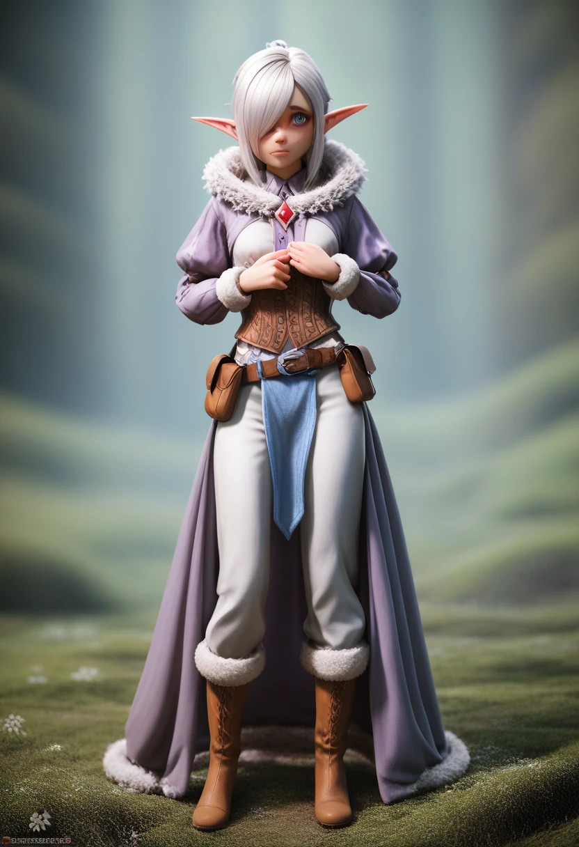 ((Best Quality)), (Masterpiece)), (Details: 1.4), Absurd Resolution, High Resolution, (Masterpiece: 1.4), Ultra Detailed, detailed gnome girl with pale skin, short stature, and very long silver hair that curls at the ends, covering one eye, with small breasts, pouty lips, and bright blue anime-style eyes with long lashes, wearing a corset, white puffy long sleeved shirt, and puffy cloth pants, leather bound boots, set in a windy fantasy landscape, (best quality,4k,8k,highres,masterpiece:1.2),ultra-detailed, dungeons and dragons, long elf ears, small girl, detailed skin and cloth textures, cute detailed face, intricate details, extremely detailed, 1girl, dynamic pose with hair covering one eye, shy personality, puffy cloth pants with leather belt, detailed privateer outfit, detailed buccaneer outfit, pouch on belt, wearing ornate leather armor with fur trim, silver inlay detail, wearing fur trimmed boots, wearing fur trimmed gloves