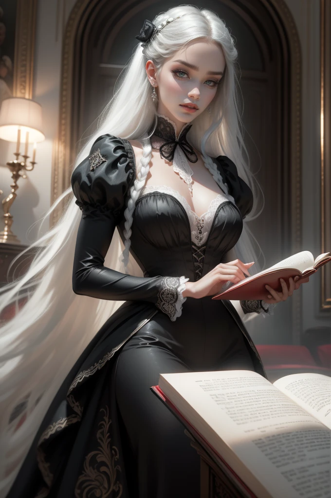 { - erro de anatomia}(Masterpiece - Ultra-Detailed, High Resolution) Prepare to be enchanted by a true masterpiece that combines ultra-detailed art with high-resolution rendering. This work shows a mesmerizing girl with long white hair (1.3) and captivating gray eyes (1.2), emanating an aura of elegance and mystery. The intricate details and realistic textures invite you to explore every aspect of this enchanting composition. Girl wearing classic Victorian costumes, (victorian dress) black and white dress. Red lips (red lipstick) , elegant face. Sexy madure woman. Walking, writing, reading, lying, drinking, standing, on your back, dynamic poses. Get ready to dive into a world where beauty and craftsmanship merge perfectly.