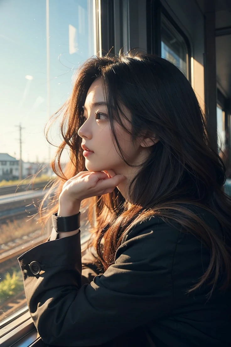 Beautiful Japanese waifu, early 30s, brunette hair, black coat, looking out of train window