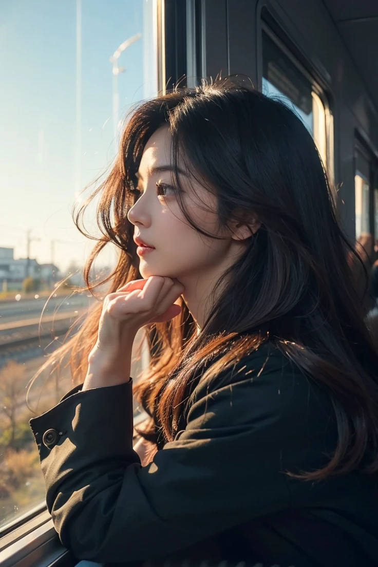 Beautiful Japanese waifu, early 30s, brunette hair, black coat, looking out of train window