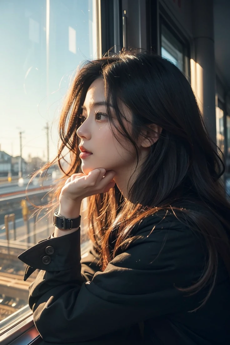 Beautiful Japanese waifu, early 30s, brunette hair, black coat, looking out of train window