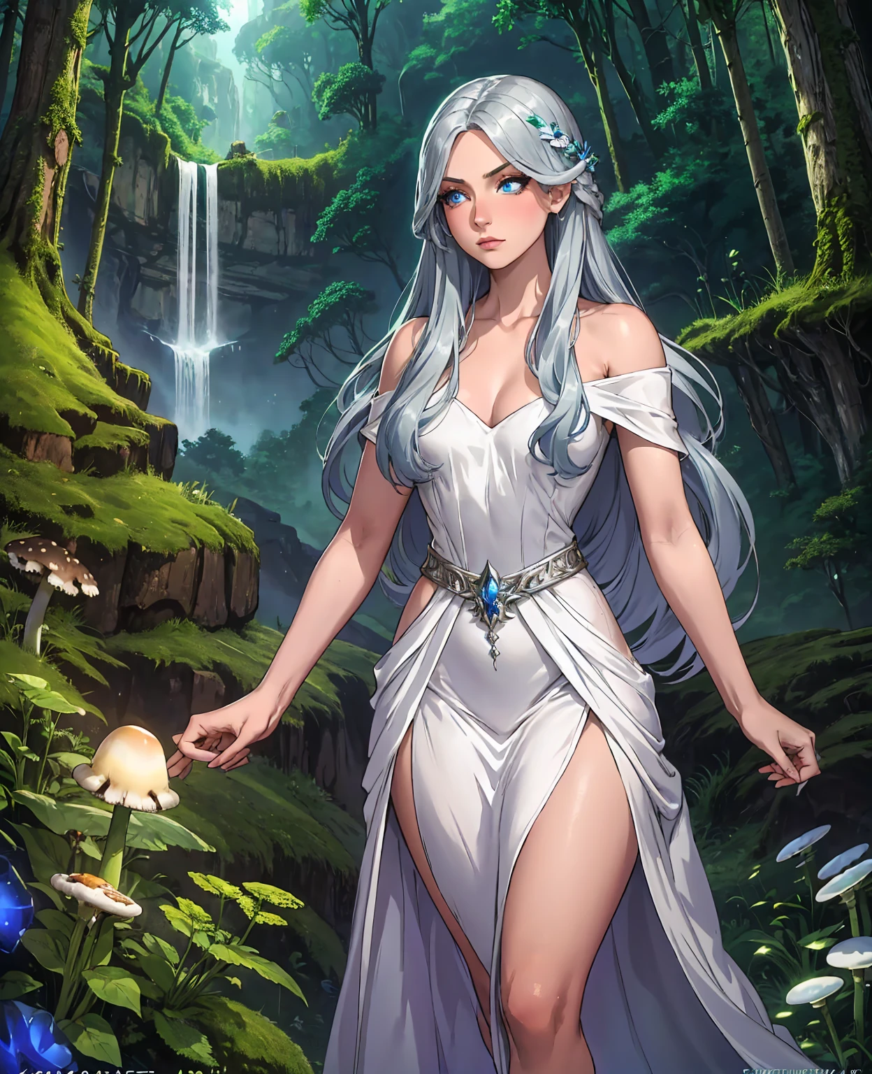 a beautiful young woman with long silver hair, detailed eyes, high cheekbones, flowing white dress, standing in a magical fantasy landscape, lush green forest, glowing blue mushrooms, floating crystals, dramatic lighting, cinematic composition, intricate details, photorealistic, digital art, concept art