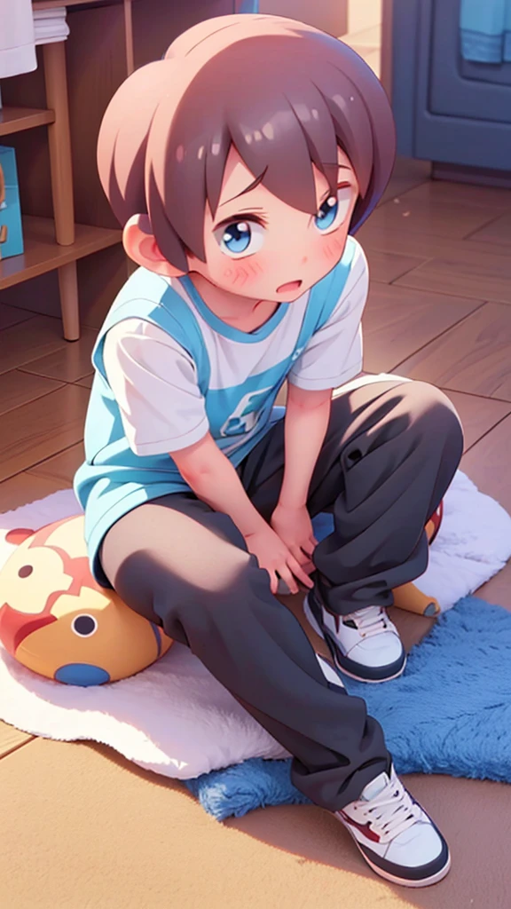 cute cute  boy he is 4 years as blue eyes cute anime style art  He's sitting on the floor 