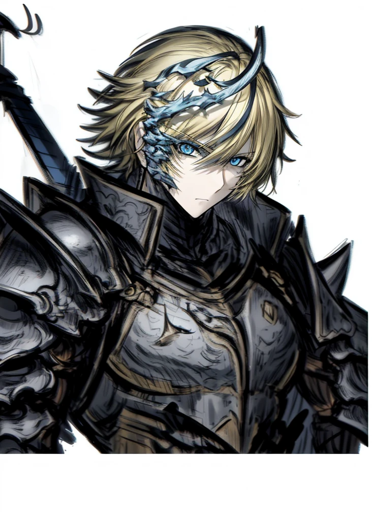 1boy, yellow hair, blue eyes, epic armor, legendary weapon, handsome man, elegant clothes, holy knight, (high resolution, high detail, Best quality), muscular, spear, shield