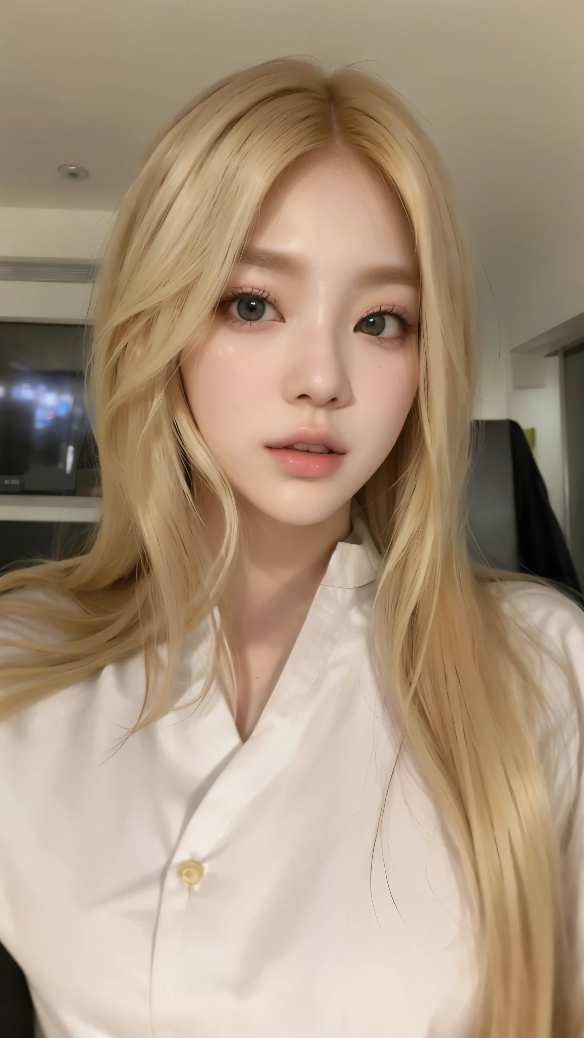 um close de uma mulher with long blonde hair vestindo uma camisa branca, korean, ulzzang, with white long hair, pale round face, jossi do blackpink, very light blonde hair, A girl with blonde hair, adorable and pale korean face, linda mulher sul-korean, with long blonde hair, Jinyoung Shin, parque roseanne de blackpink