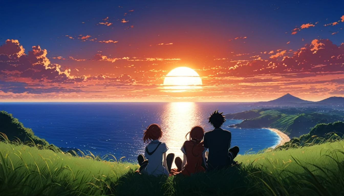 high quality, 8K Ultra HD. This image is、Depicts one anime boy and one anime girl sitting on a grassy hill watching the ocean at sunrise。, Against the backdrop of vibrant blue skies and the red and orange hues of the sun. anime art wallpaper 4k, anime art wallpaper 4k, Anime Background, Anime Art Wallpapers 8K, Anime Art Background, anime landscape wallpapers, Awesome Wallpapers, high qualityの壁紙の定義,4K animated wallpaper,4K animated wallpaper,Art by Aries Moros,Art by Bob Byerly,Ashley Wood Art AI,Greg Rutkowski
