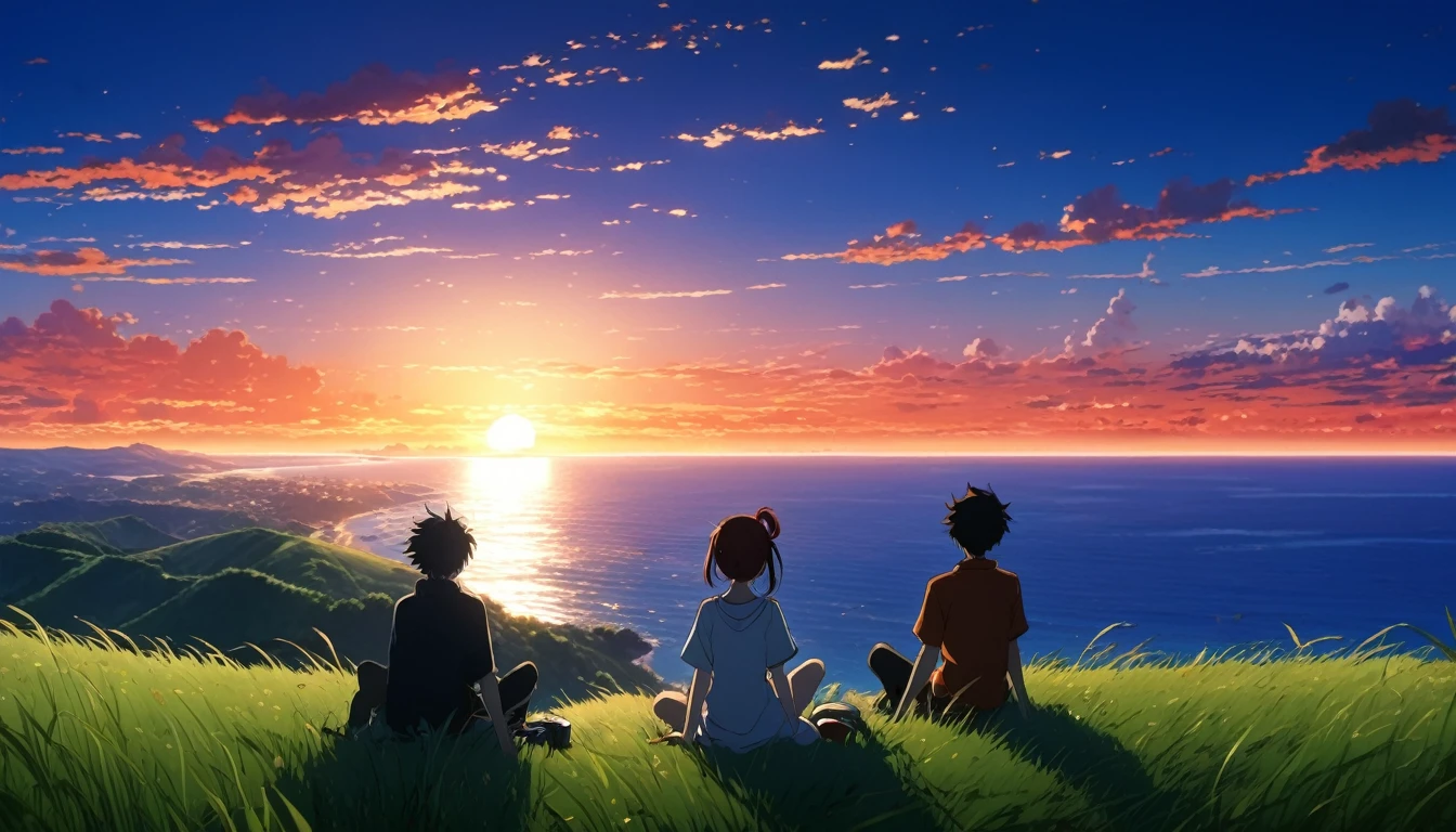 high quality, 8K Ultra HD. This image is、Depicts one anime boy and one anime girl sitting on a grassy hill watching the ocean at sunrise。, Against the backdrop of vibrant blue skies and the red and orange hues of the sun. anime art wallpaper 4k, anime art wallpaper 4k, Anime Background, Anime Art Wallpapers 8K, Anime Art Background, anime landscape wallpapers, Awesome Wallpapers, high qualityの壁紙の定義,4K animated wallpaper,4K animated wallpaper,Art by Aries Moros,Art by Bob Byerly,Ashley Wood Art AI,Greg Rutkowski