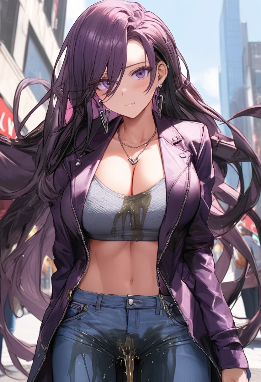 (masterpiece:1.37), best quality, (extremely detailed:1.37), woman, (very long hair:1.5), dark purple hair, purple eyes, (extremely detailed eyes:1.37), (wetting self:1.75), large breasts, stylish jacket, multicolored jackt, jeans, cleavage, navel, city, high-tech, street