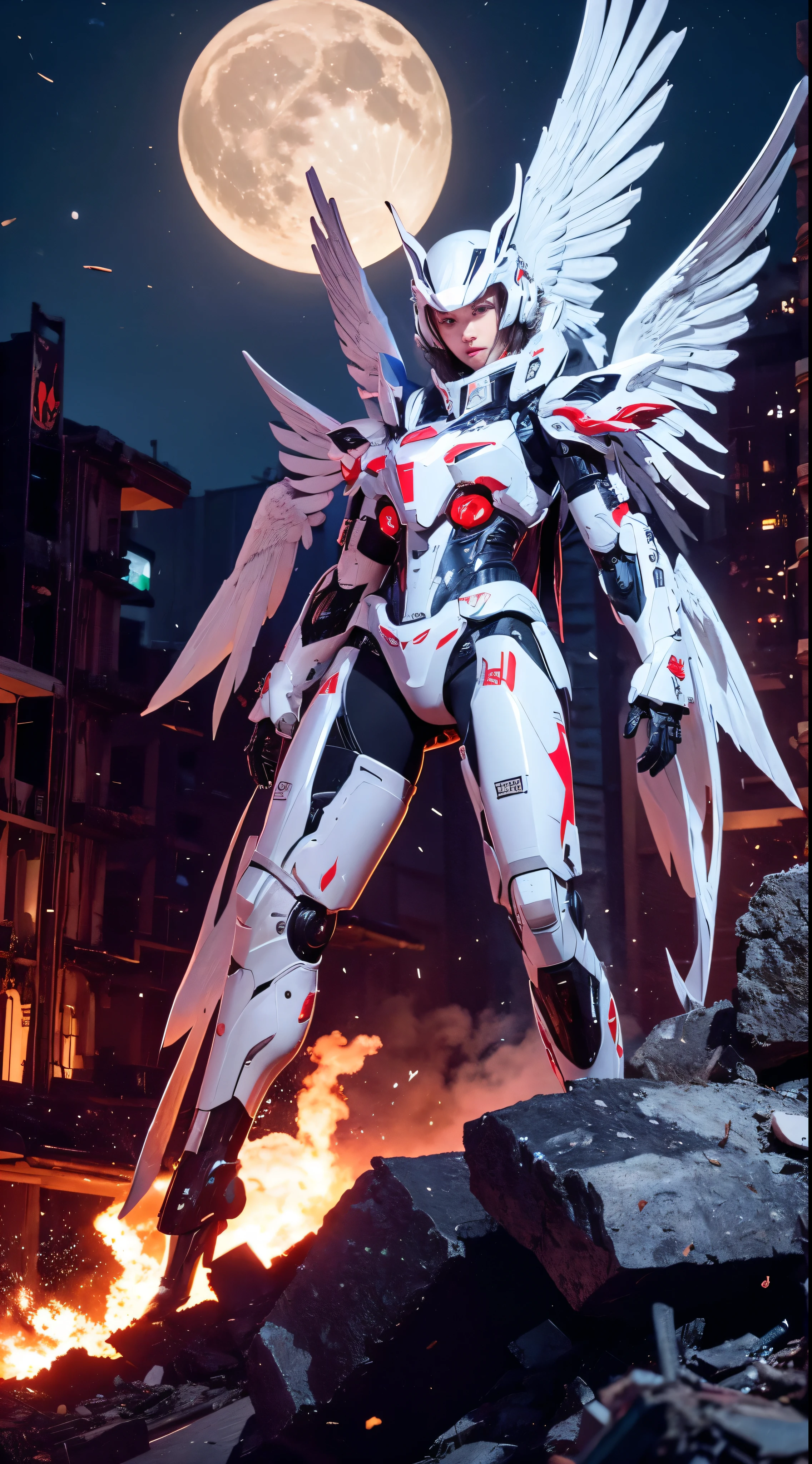  White Phoenix Mech, Chicken head, Mecha Wings, cyber punk, Highest quality, masterpiece, unmanned, whole body, mechanical surprise, strong, moon, City in Ruins, Highest qualityのデジタルアート, Stunning Art, wallpaper 4k, Very detailed, military用ロボット, military, war zone, moving lighting, movie, narrative poem, Damaged machine parts