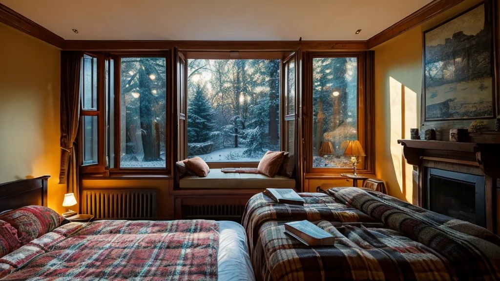 a cozy bedroom with a large bed, a fireplace, winter night outside the huge windows, many books