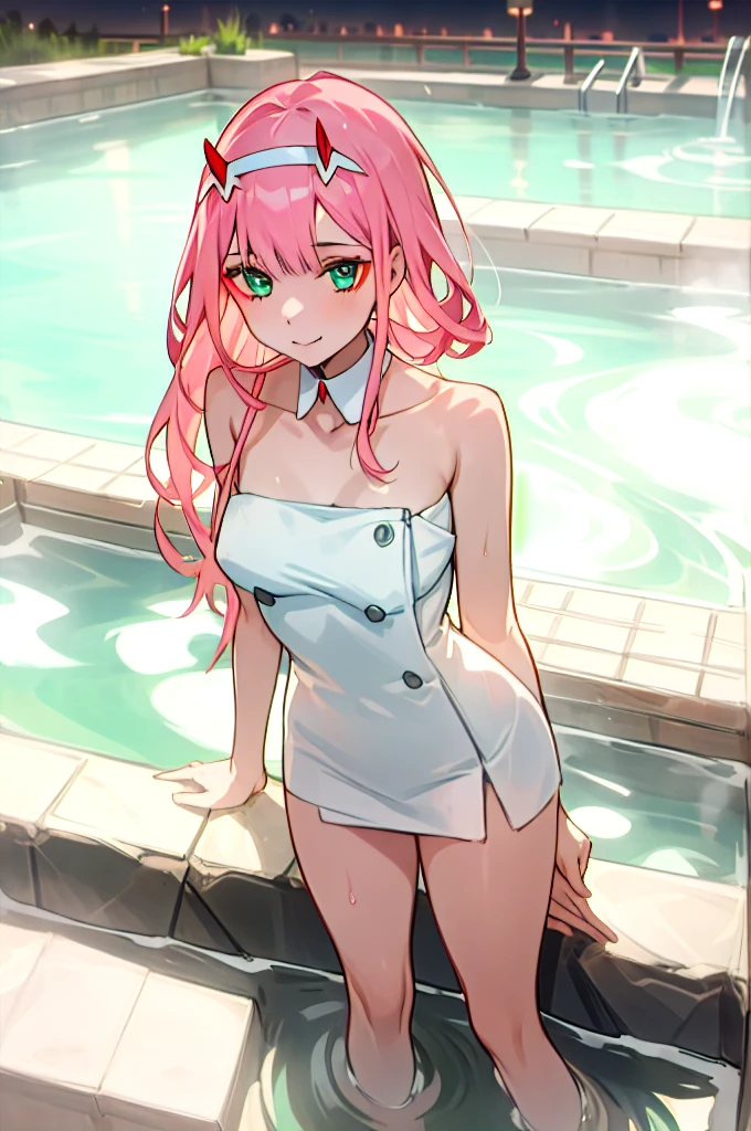 masterpiece, best quality, (1girl), zero_two, darling in the franxx\(series\), towel, detached collar, outdoor, night Hot springs, shiny skin, from above, thigh thighs, smile face