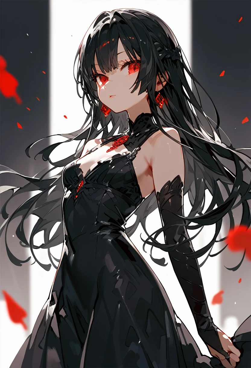 Black hair, red eyes, white and black dress,