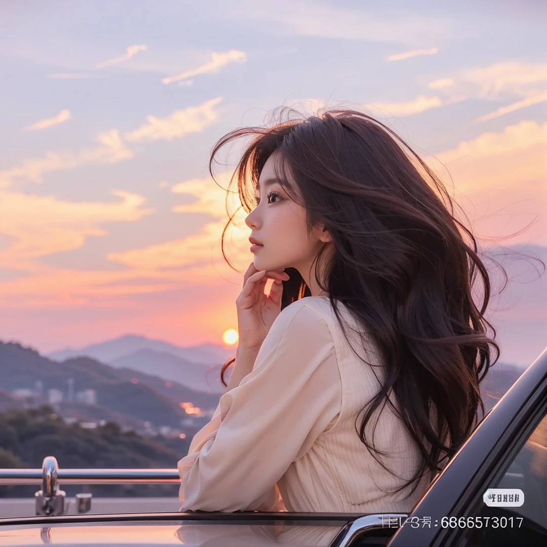 Beautiful Japanese waifu, early 30s, brunette hair, white dress, lean against a car, in mountain top looking at sunset