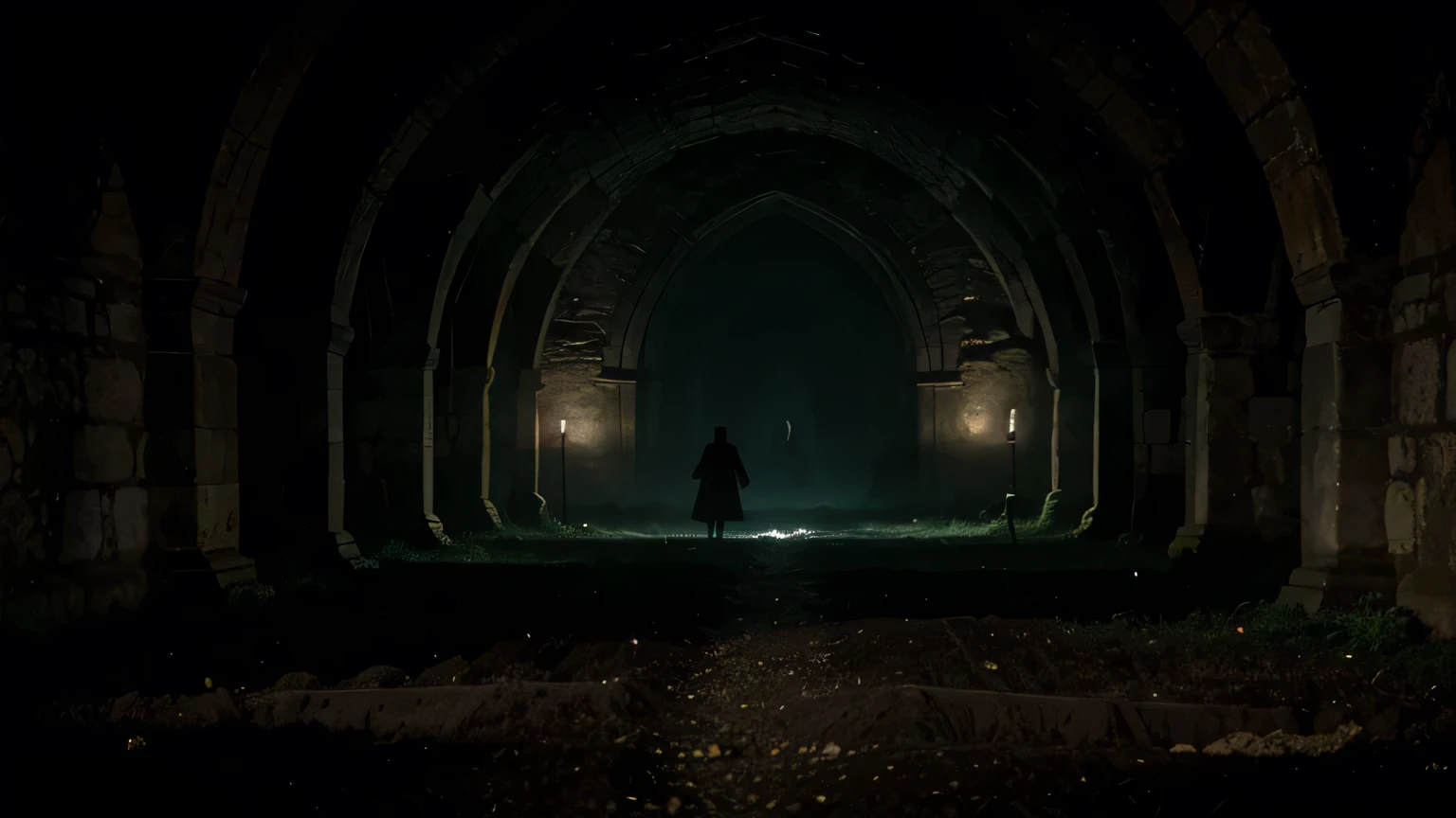 An expansive field of dark, rotten earth within a sprawling, ancient medieval dungeon. The soil is black and decayed, stretching out over an enormous area. The dungeon is cloaked in darkness, with walls barely discernible in the deep shadows. The atmosphere is thick with mystery and an ancient malevolence, creating a haunting, eerie scene. Field is very big and dark 