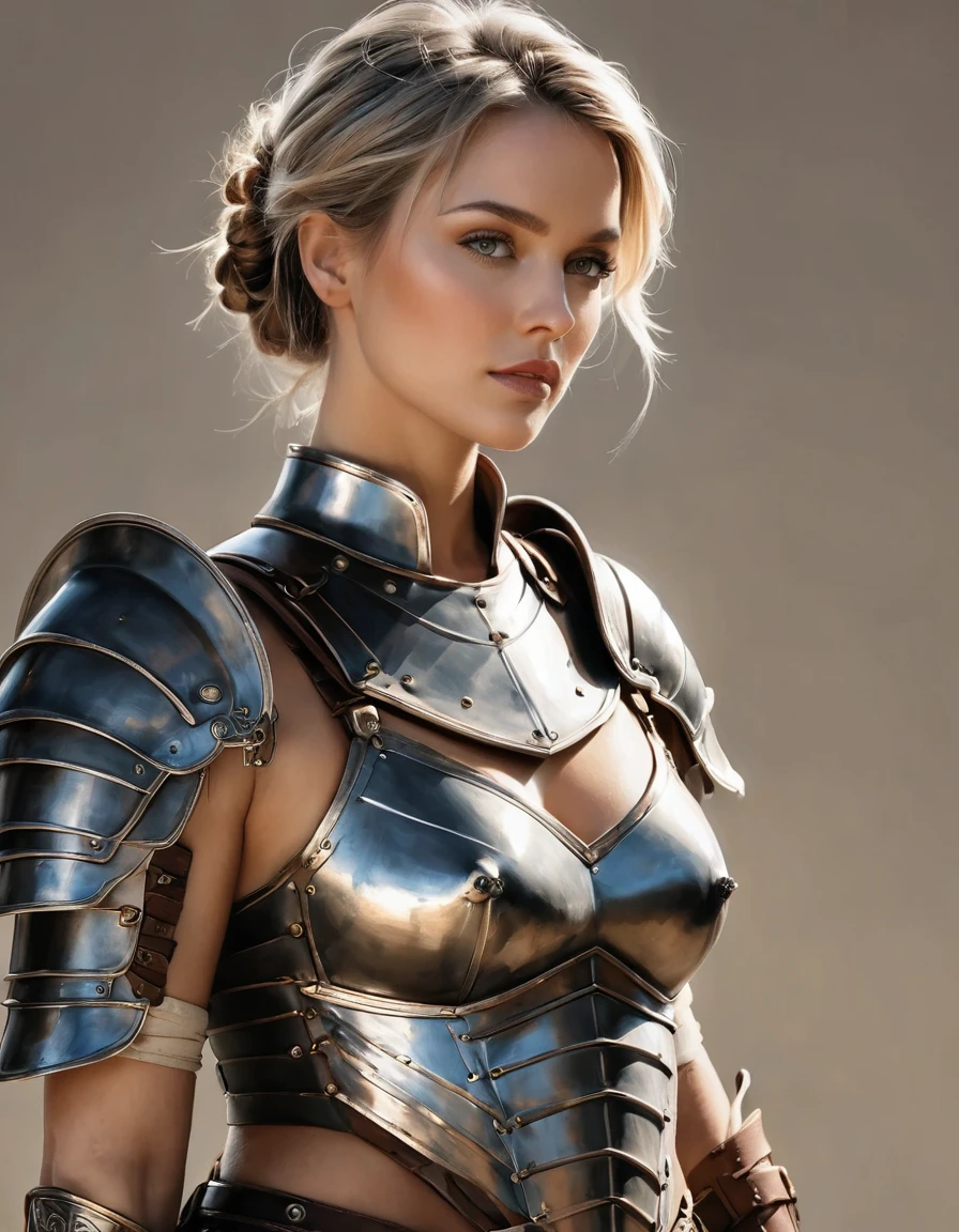 smooth lines, Express expressions and postures through ink contrast, The background is simple. emphasize light, shadow and space. ((full body):1.3), Drawing of Mature beauty. ((Detailed eye):1.3),((fresh)), wearing gladiator armor, painting, (best quality,4K,8k,high resolution,masterpiece:1.2),Super detailed,(actual,photoactual,photo-actual:1.37).