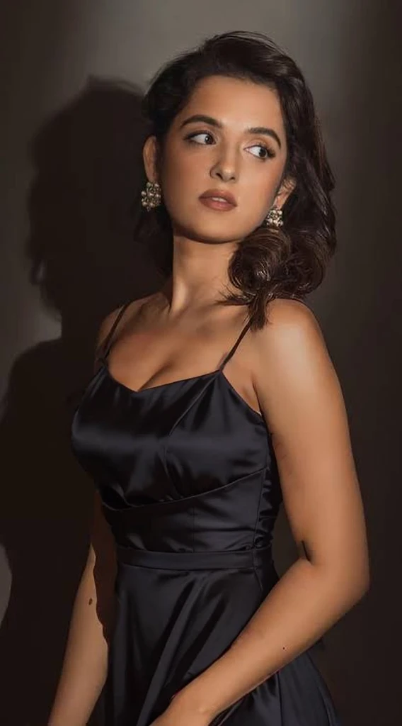 Change the dress colour to dark vibrant red, show deep cleavage