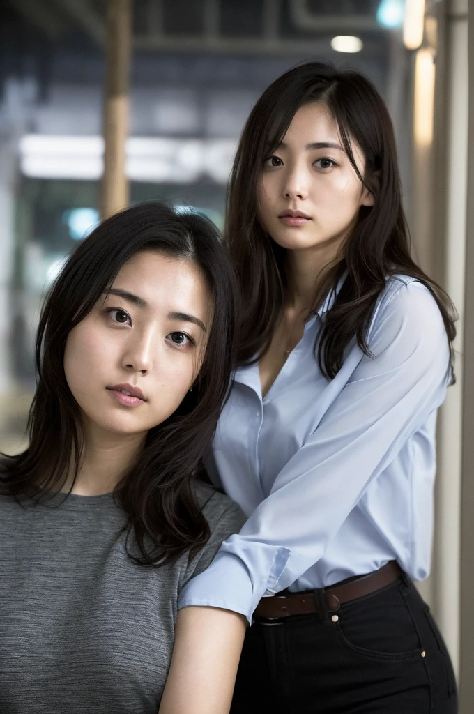 (((One girl,alone))),(Highly realistic photos, High resolution, Detailed face, Beautiful Eyes) Japanese women, 21 years old, Cute face, alone:1, Nice body, Plump figure, Medium chest, Narrow waist,Hairstyle, Very closely tied, Take a photo book,Thighs、Dark Sky、darkness、Blade Runner,shirt、walk