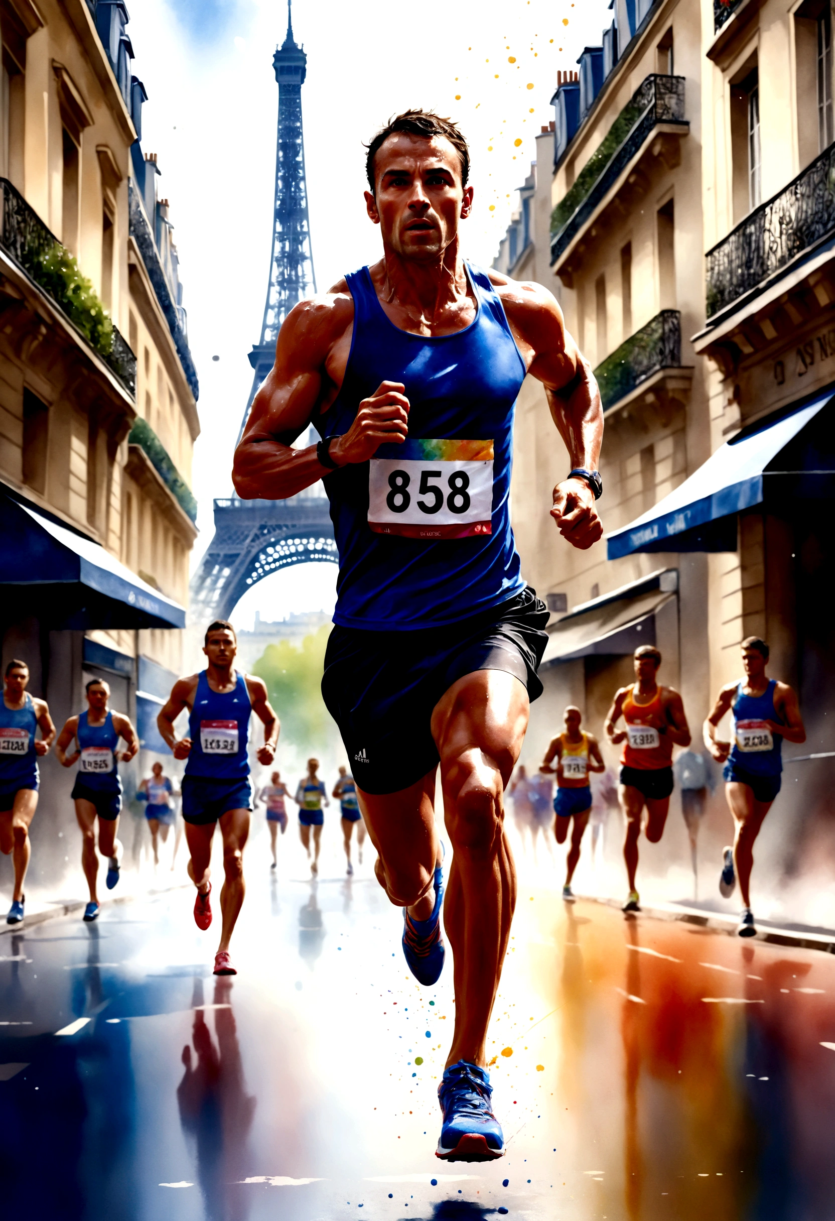 a marathon runner in paris olympics, watercolor splash art, full body, full landscape, depth of field, best quality, 8k, highres, masterpiece, ultra-detailed, realistic, photorealistic, dynamic motion, glowing skin, muscular physique, sweat droplets, detailed facial features, intense expression, dynamic pose, dramatic lighting, vibrant colors, dramatic shadows