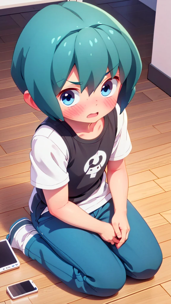 cute cute  boy he is 4 years as blue eyes cute anime style art  He's sitting on the floor 