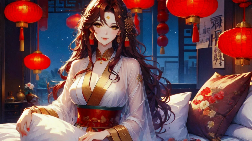 (masterpiece, best quality:1.2), 1women, xian mei, solo golden eyes, long red curly hair, jewellery, perfect anatomy, chinese traditional room, nudity, nude, sexy, sex, night, starry sky, night beautiful sky, shining stars,