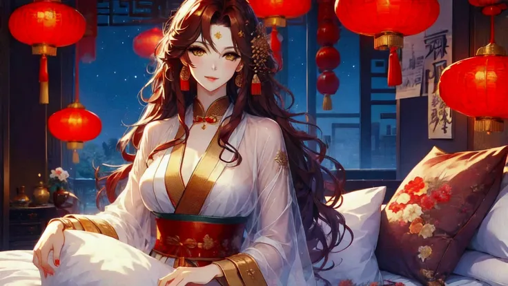 (masterpiece, best quality:1.2), 1women, xian mei, solo golden eyes, long red curly hair, jewellery, perfect anatomy, chinese tr...