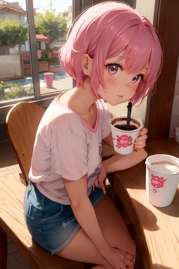 Disney Pixar style, cute girl with short pink hair with bangs, wearing white tshirt and pink shorts, view back, looking away, playing on my cell phone sitting at the kitchen table, a white cup of coffee on the table, realistic, 8k