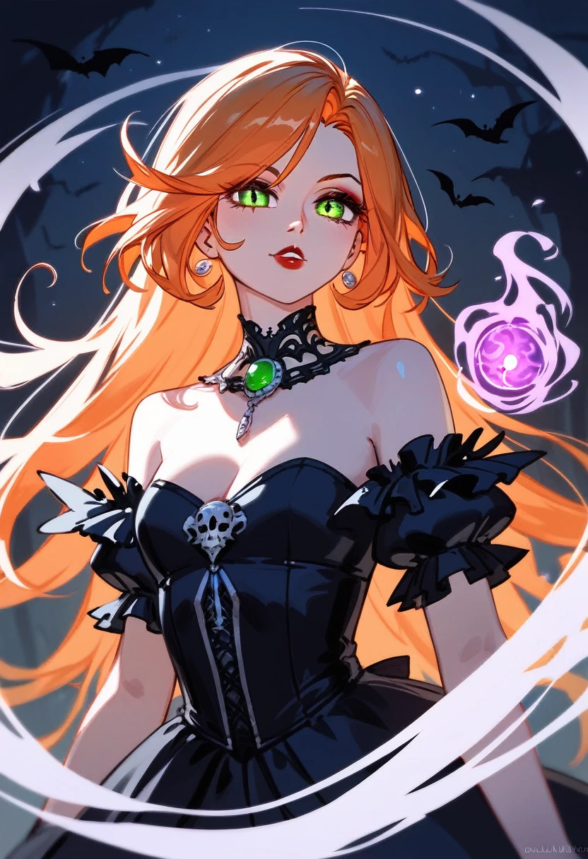 (check_9,check_8_up,check_7_up,check_6_up,check_5_up,check_4_up) Gothic vampire, graceful elegance, orange hair, green eyes, luminous, bizarre, Enchanted, magic, fantasy art concept, complex parts, 