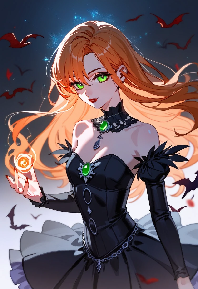 (check_9,check_8_up,check_7_up,check_6_up,check_5_up,check_4_up) Gothic vampire, graceful elegance, orange hair, green eyes, luminous, bizarre, Enchanted, magic, fantasy art concept, complex parts,