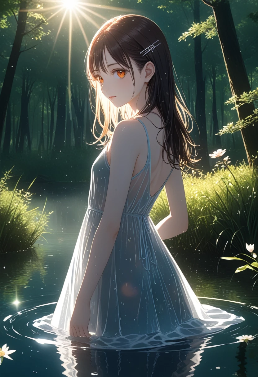 score_9,score,sauce_アニメ, Break 1 Girl, alone, shinosawa hiro, VirtuosaBase、thin, Orange Eyes, White eyelashes, bionde, Long Hair, Hair Clip, , Flat Chest, slim, rib, Water Play, Dress Lift, wet, See-through silhouette, sunlight, light, bloom, Lens flare, dark, Cowboy Shot, From behind, Recall, (masterpiece:1.2, Highest quality), (Fine and beautiful eyes: 1.2), (Beautiful and dense face), (Sharp facial hair between the eyes)、Dynamic Pose Glossy Skin, Pale skin, Secret Realm, Small Lake, forest, Kneel on lake surface, Sunlight shadow, Depth of written boundary, close, close range