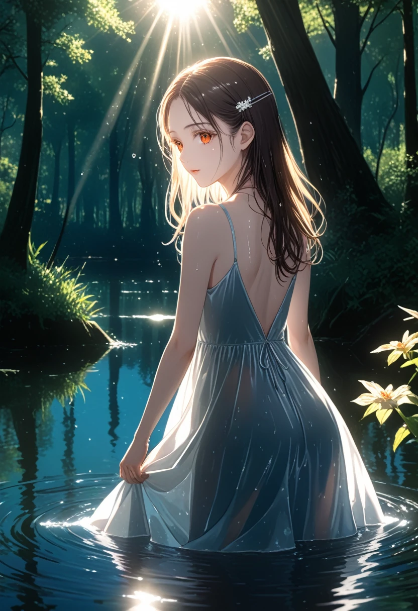score_9,score,sauce_アニメ, Break 1 Girl, alone, shinosawa hiro, VirtuosaBase、thin, Orange Eyes, White eyelashes, bionde, Long Hair, Hair Clip, , Flat Chest, slim, rib, Water Play, Dress Lift, wet, See-through silhouette, sunlight, light, bloom, Lens flare, dark, Cowboy Shot, From behind, Recall, (masterpiece:1.2, Highest quality), (Fine and beautiful eyes: 1.2), (Beautiful and dense face), (Sharp facial hair between the eyes)、Dynamic Pose Glossy Skin, Pale skin, Secret Realm, Small Lake, forest, Kneel on lake surface, Sunlight shadow, Depth of written boundary, close, close range