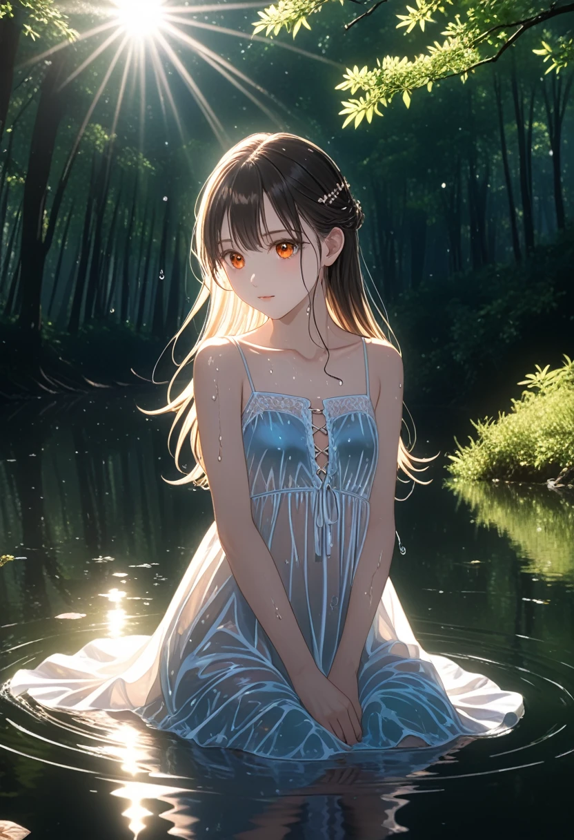 score_9,score,sauce_アニメ, Break 1 Girl, alone, shinosawa hiro, VirtuosaBase、thin, Orange Eyes, White eyelashes, bionde, Long Hair, Hair Clip, , Flat Chest, slim, rib, Water Play, Dress Lift, wet, See-through silhouette, sunlight, light, bloom, Lens flare, dark, Cowboy Shot, From behind, Recall, (masterpiece:1.2, Highest quality), (Fine and beautiful eyes: 1.2), (Beautiful and dense face), (Sharp facial hair between the eyes)、Dynamic Pose Glossy Skin, Pale skin, Secret Realm, Small Lake, forest, Kneel on lake surface, Sunlight shadow, Depth of written boundary, close, close range