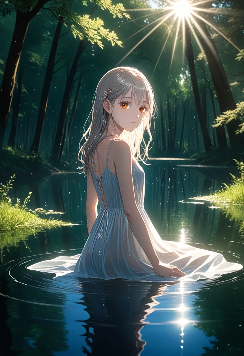 score_9,score,sauce_アニメ, Break 1 Girl, alone, shinosawa hiro, VirtuosaBase、thin, Orange Eyes, White eyelashes, bionde, Long Hair, Hair Clip, , Flat Chest, slim, rib, Water Play, Dress Lift, wet, See-through silhouette, sunlight, light, bloom, Lens flare, dark, Cowboy Shot, From behind, Recall, (masterpiece:1.2, Highest quality), (Fine and beautiful eyes: 1.2), (Beautiful and dense face), (Sharp facial hair between the eyes)、Dynamic Pose Glossy Skin, Pale skin, Secret Realm, Small Lake, forest, Kneel on lake surface, Sunlight shadow, Depth of written boundary, close, close range